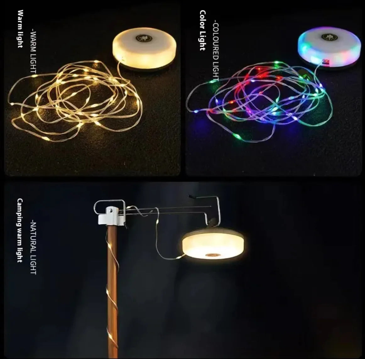 Collage of LED string lights with different light effects on a dark background.